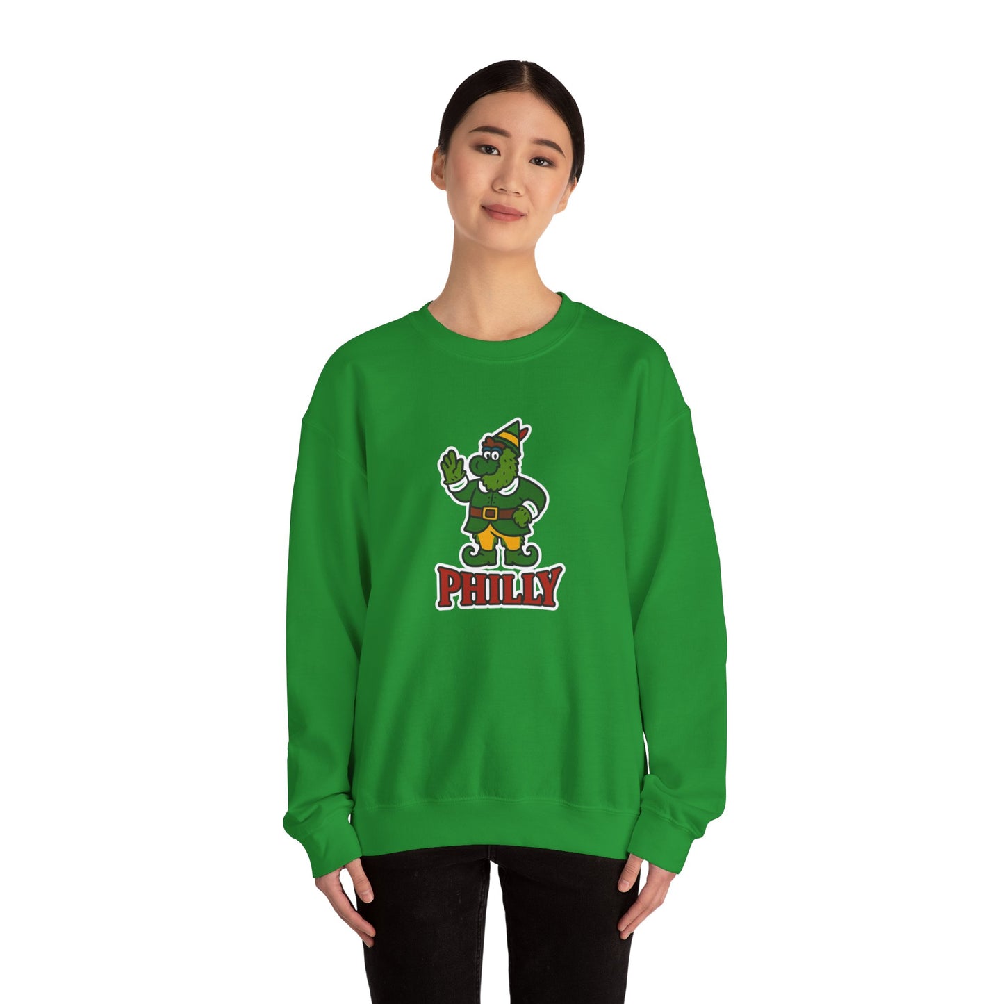 DPF Elf Crewneck Sweatshirt — Cute Green Elf Mascot "PHILLY" Holiday Pullover