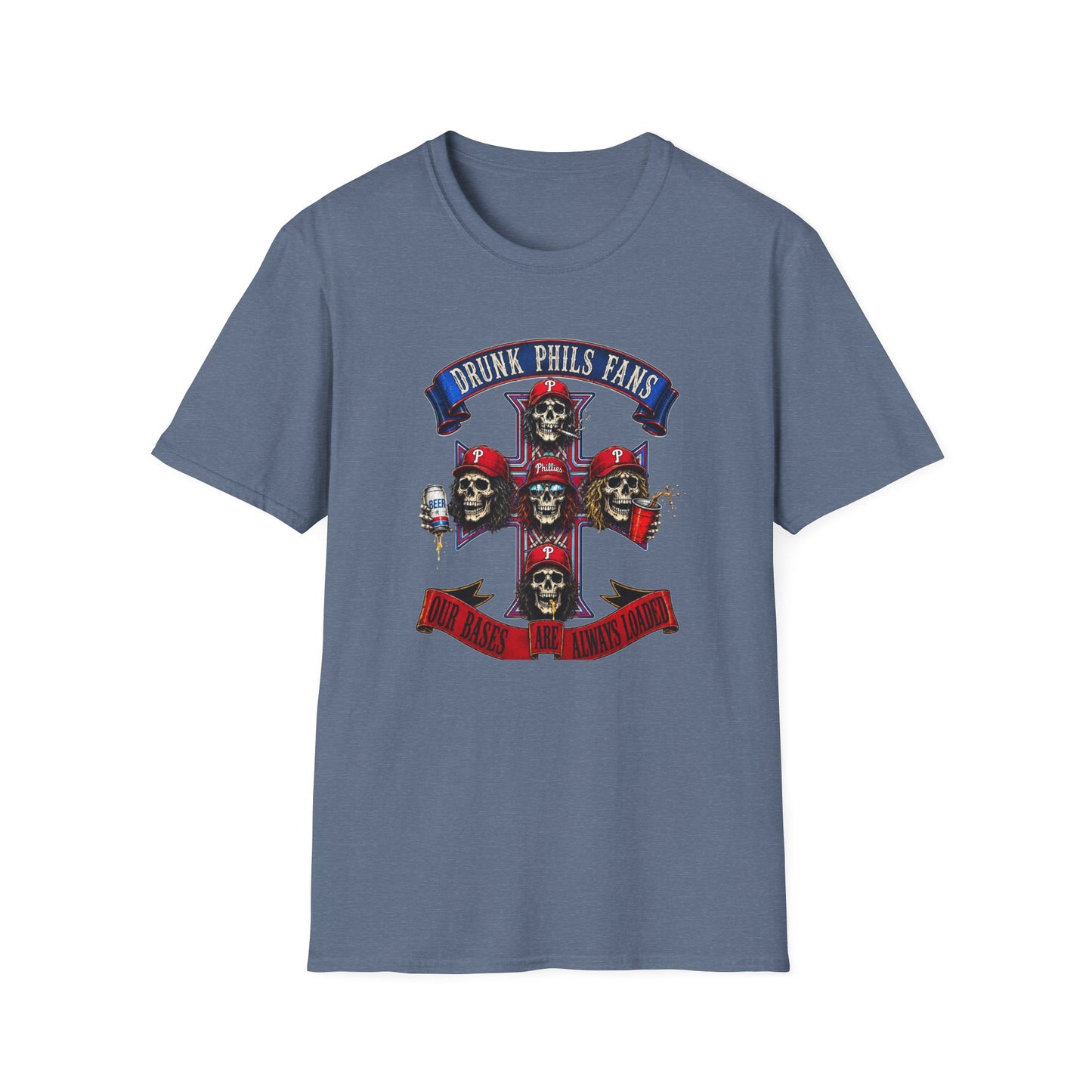 Drunk Phils Fans Skull Band T-Shirt — Retro Baseball Fan Tee