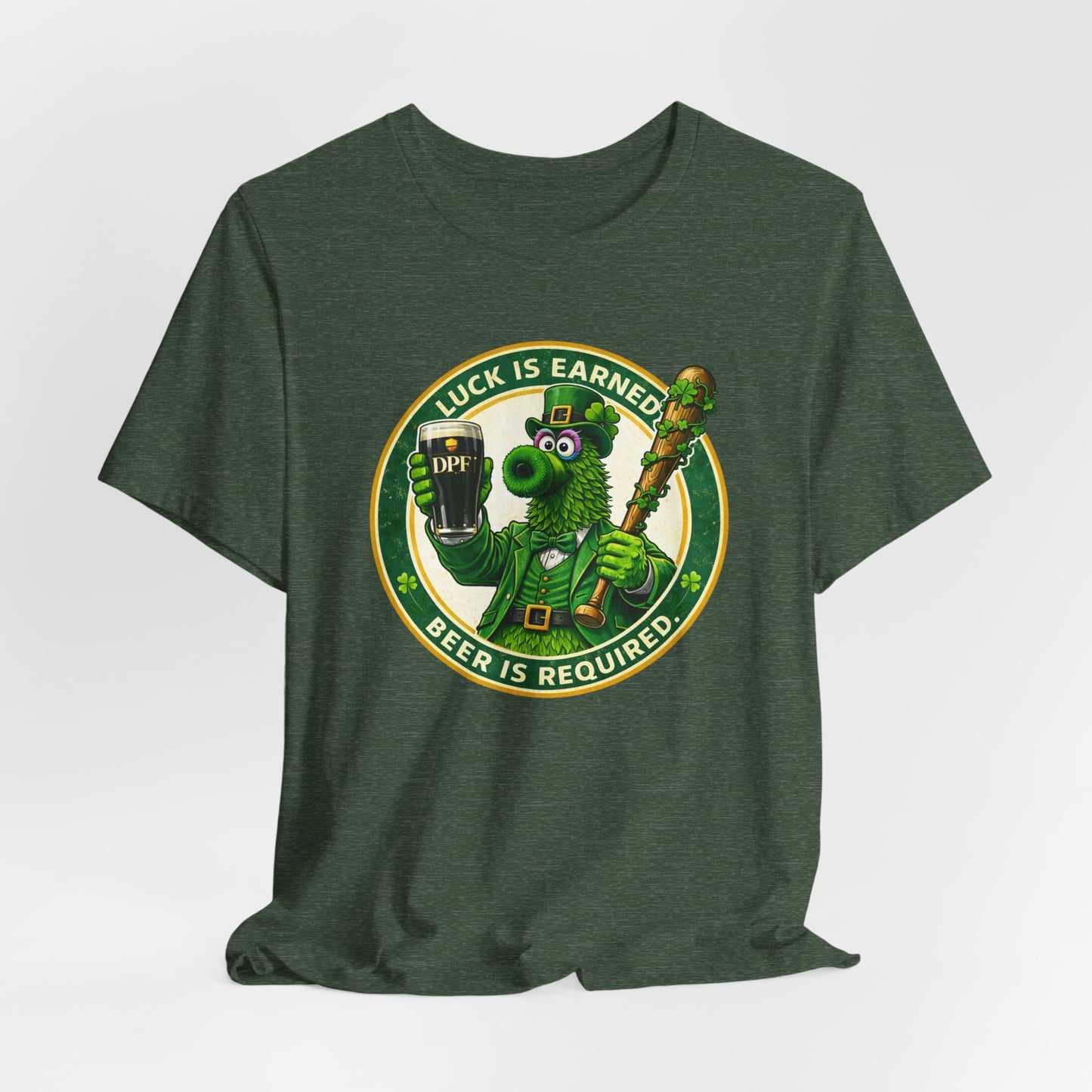 St. Patrick's Day DPF T-Shirt – "Luck Is Earned, Beer Is Required" Shamrock Leprechaun Tee