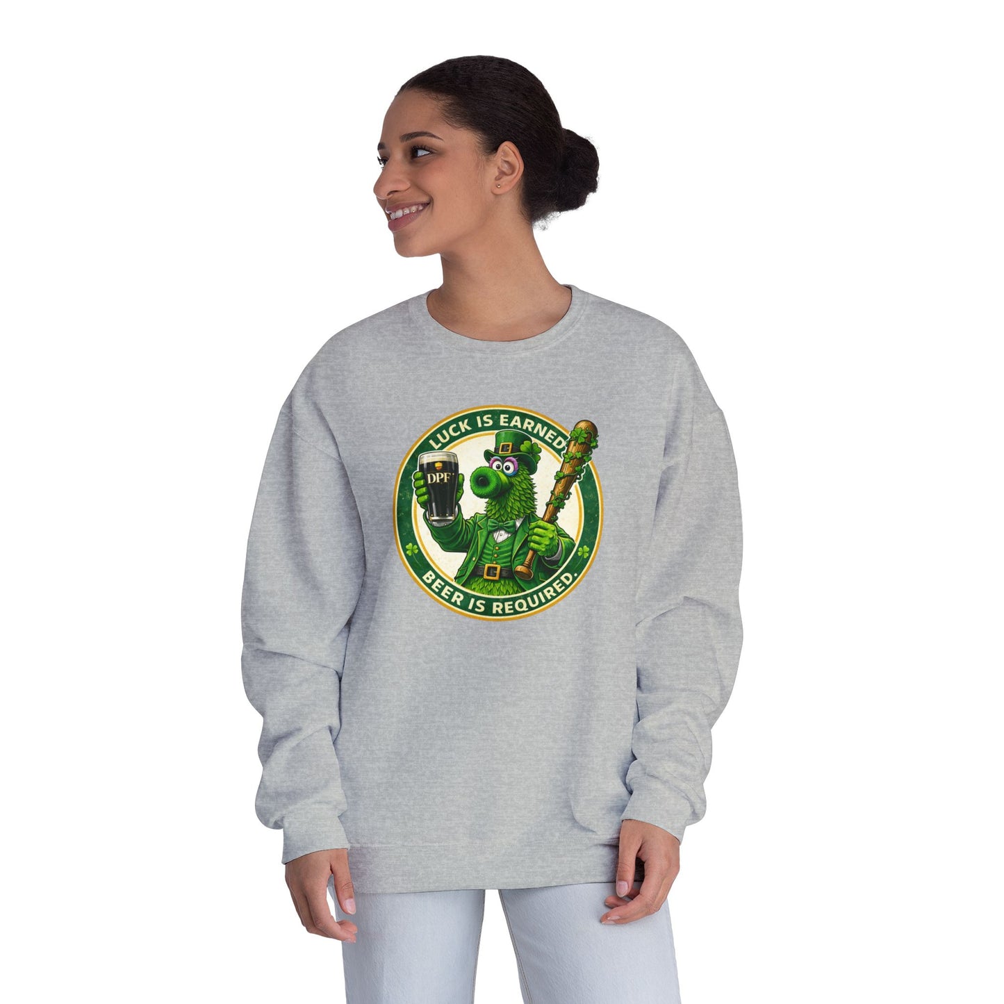 DPF St. Patrick's Day Crewneck Sweatshirt — 'Luck Is Earned, Beer Is Required'St. Patrick’s Day Graphic