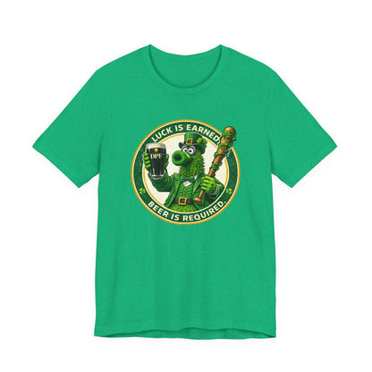 St. Patrick's Day DPF T-Shirt – "Luck Is Earned, Beer Is Required" Shamrock Leprechaun Tee