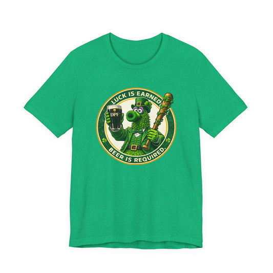 St. Patrick's Day DPF T-Shirt – "Luck Is Earned, Beer Is Required" Shamrock Leprechaun Tee