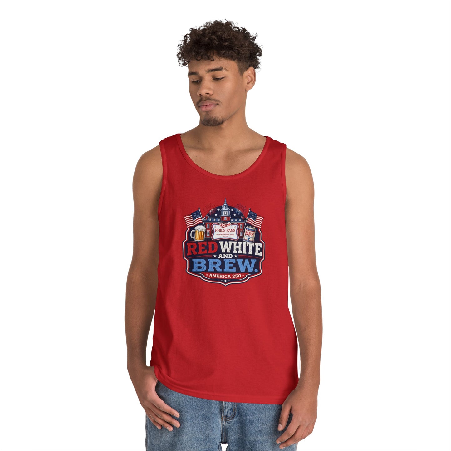 Red White and Brew Tank Top Unisex — Patriotic 4th of July Beer Graphic