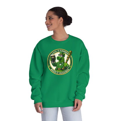 DPF St. Patrick's Day Crewneck Sweatshirt — 'Luck Is Earned, Beer Is Required'St. Patrick’s Day Graphic