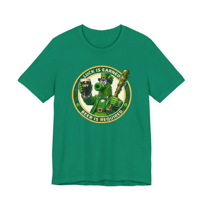 St. Patrick's Day DPF T-Shirt – "Luck Is Earned, Beer Is Required" Shamrock Leprechaun Tee