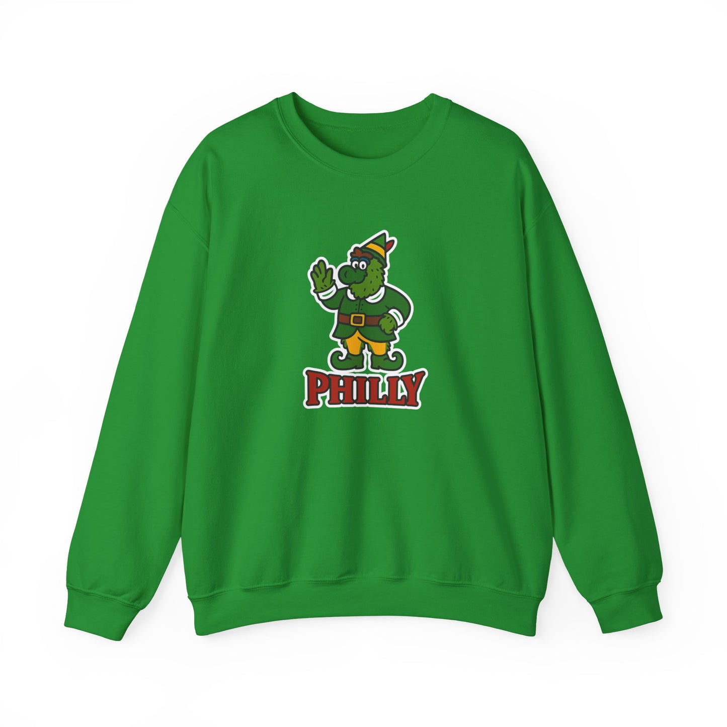 DPF Elf Crewneck Sweatshirt — Cute Green Elf Mascot "PHILLY" Holiday Pullover