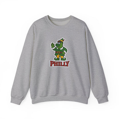 DPF Elf Crewneck Sweatshirt — Cute Green Elf Mascot "PHILLY" Holiday Pullover