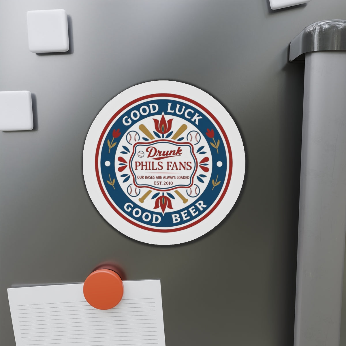 Drunk Phils Fans Hex Round Magnet — 'Good Luck Good Beer' Baseball Fan Fridge Magnet