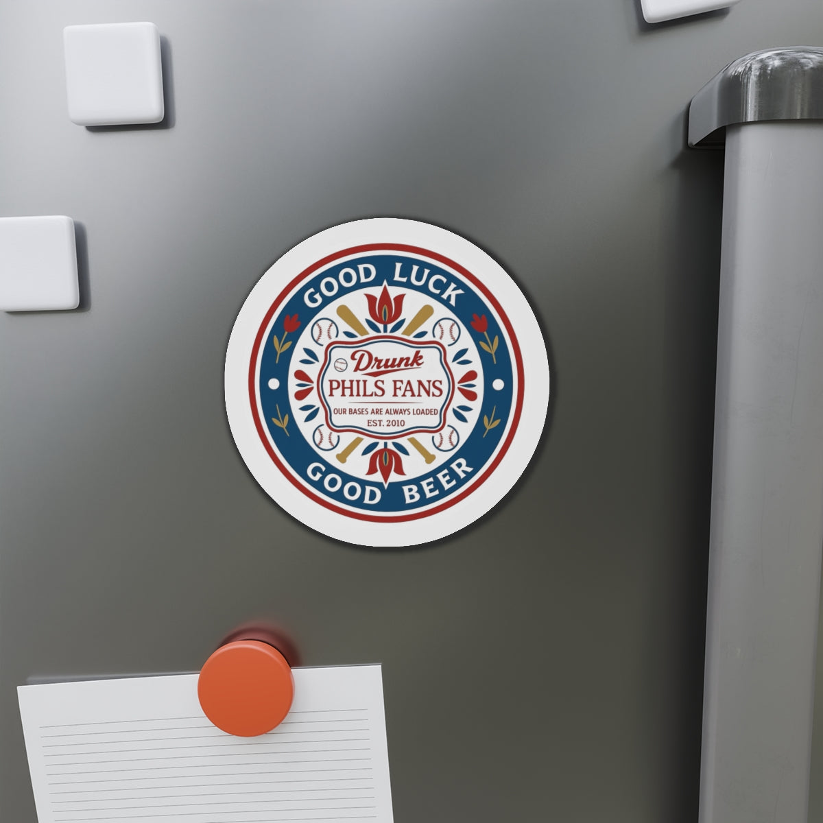 Drunk Phils Fans Hex Round Magnet — 'Good Luck Good Beer' Baseball Fan Fridge Magnet