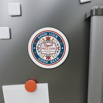 Drunk Phils Fans Hex Round Magnet — 'Good Luck Good Beer' Baseball Fan Fridge Magnet