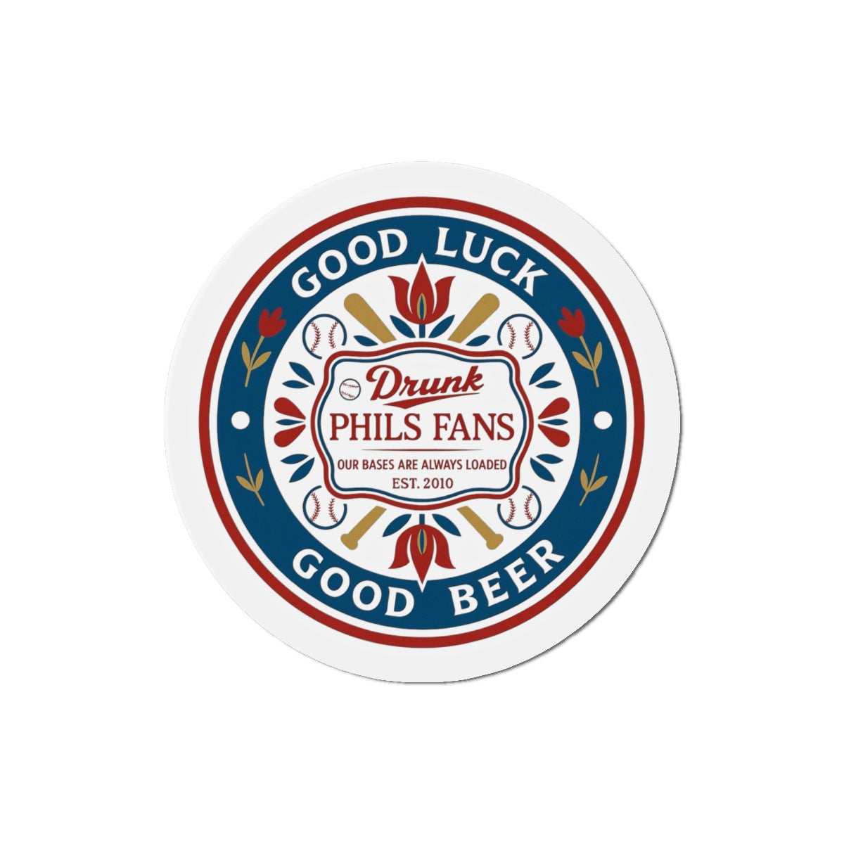 Drunk Phils Fans Hex Round Magnet — 'Good Luck Good Beer' Baseball Fan Fridge Magnet