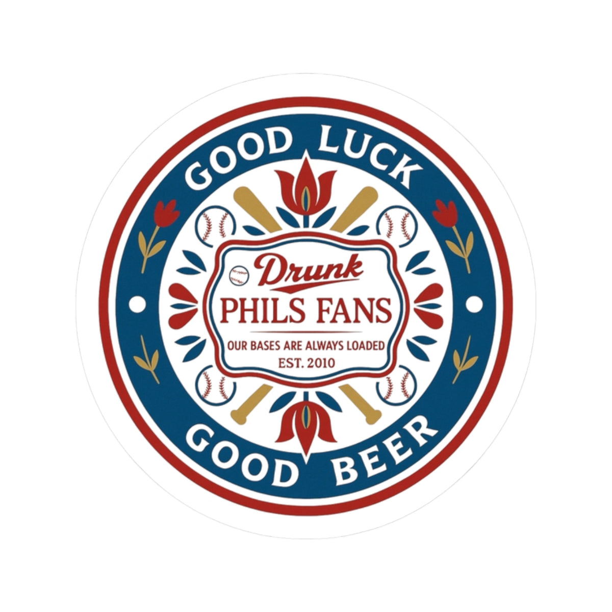 DPF Hex Sticker — "Drunk Phils Fans: Good Luck Good Beer" Round Kiss-Cut Baseball Fans Sticker