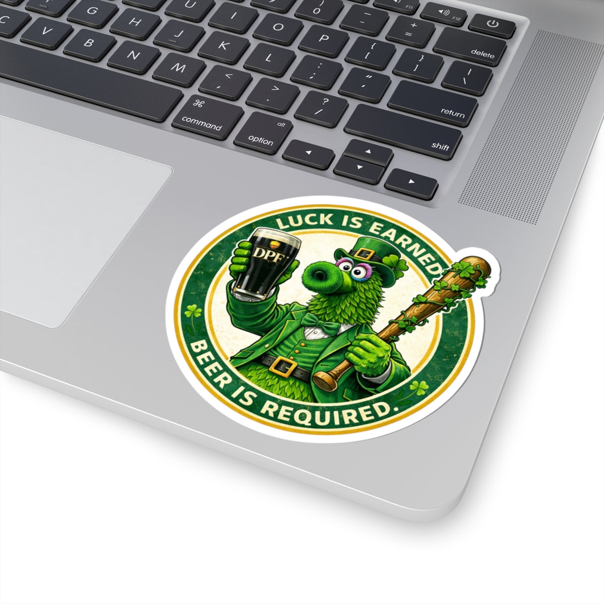 Kiss-Cut Sticker — "Luck Is Earned, Beer Is Required" Leprechaun Mascot (St. Patrick's Day, Beer Lovers)