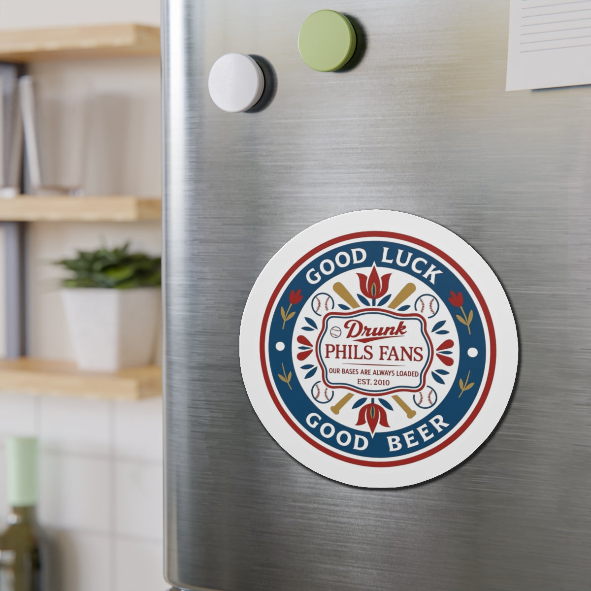 Drunk Phils Fans Hex Round Magnet — 'Good Luck Good Beer' Baseball Fan Fridge Magnet