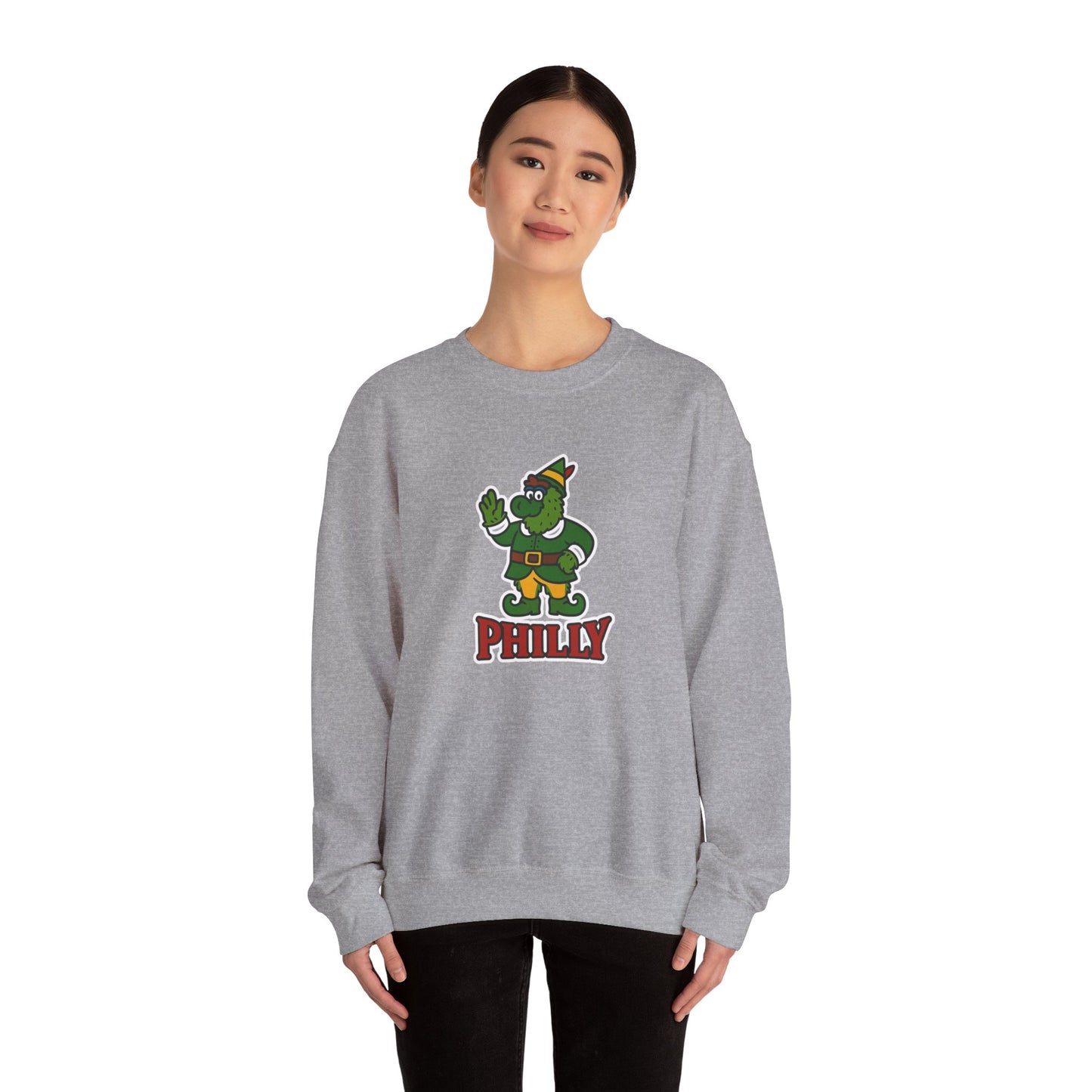 DPF Elf Crewneck Sweatshirt — Cute Green Elf Mascot "PHILLY" Holiday Pullover
