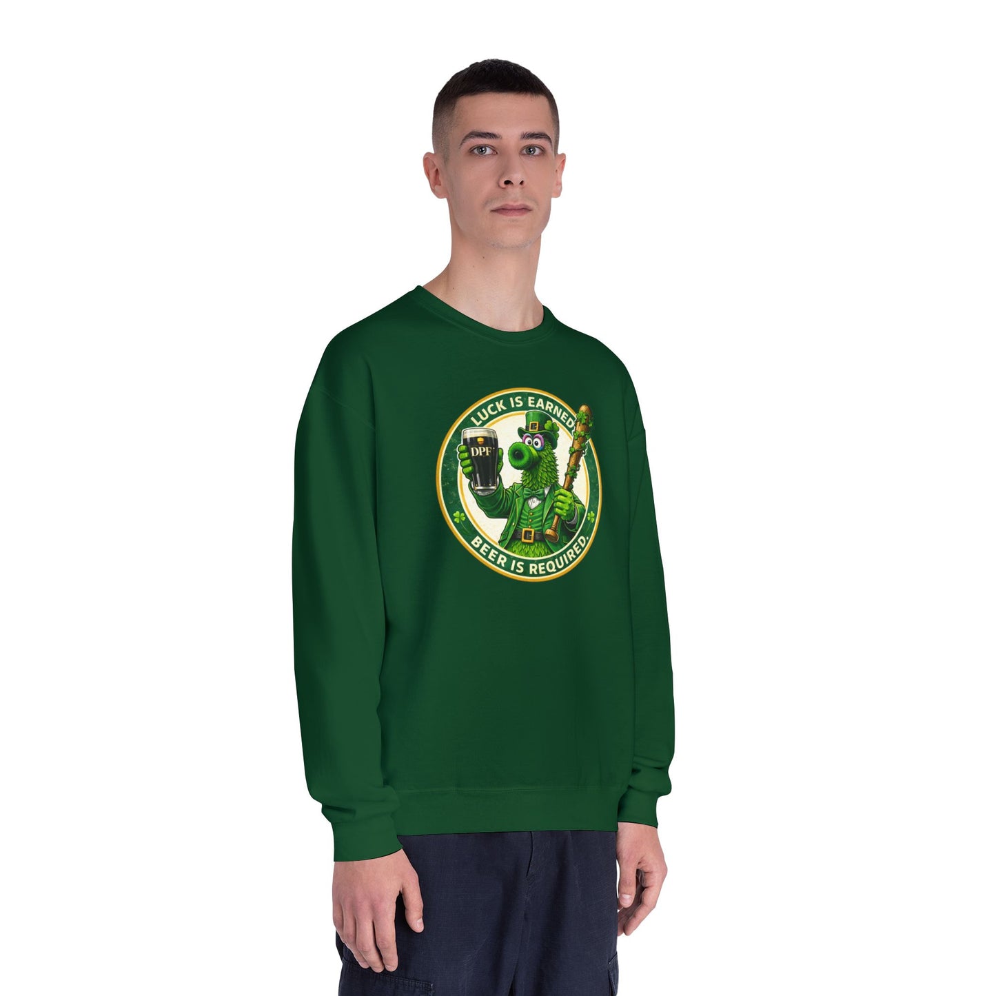 DPF St. Patrick's Day Crewneck Sweatshirt — 'Luck Is Earned, Beer Is Required'St. Patrick’s Day Graphic