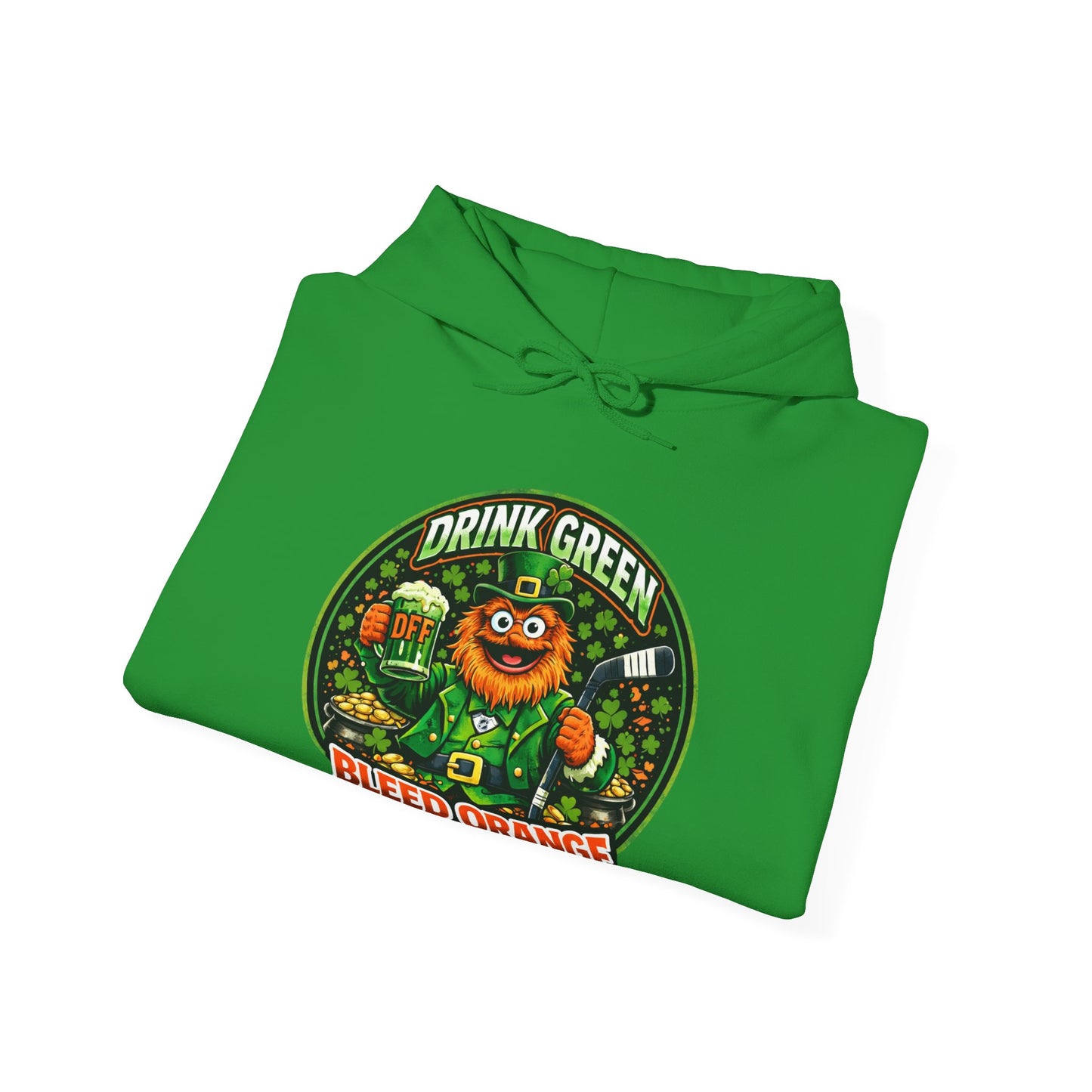 DFF Drink Green Bleed Orange Hoodie — Gritty Sports Fan St. Patrick’s Day Sweatshirt