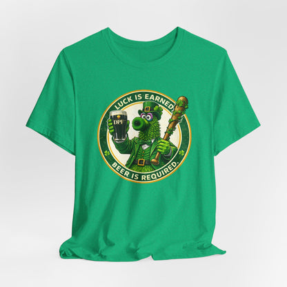 St. Patrick's Day DPF T-Shirt – "Luck Is Earned, Beer Is Required" Shamrock Leprechaun Tee