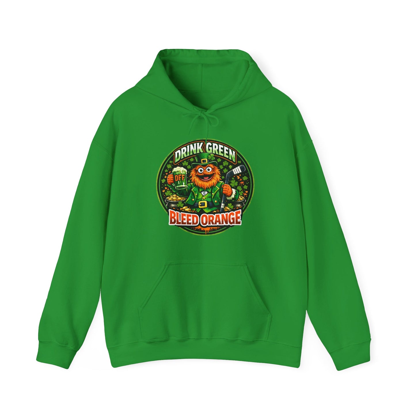 DFF Drink Green Bleed Orange Hoodie — Gritty Sports Fan St. Patrick’s Day Sweatshirt