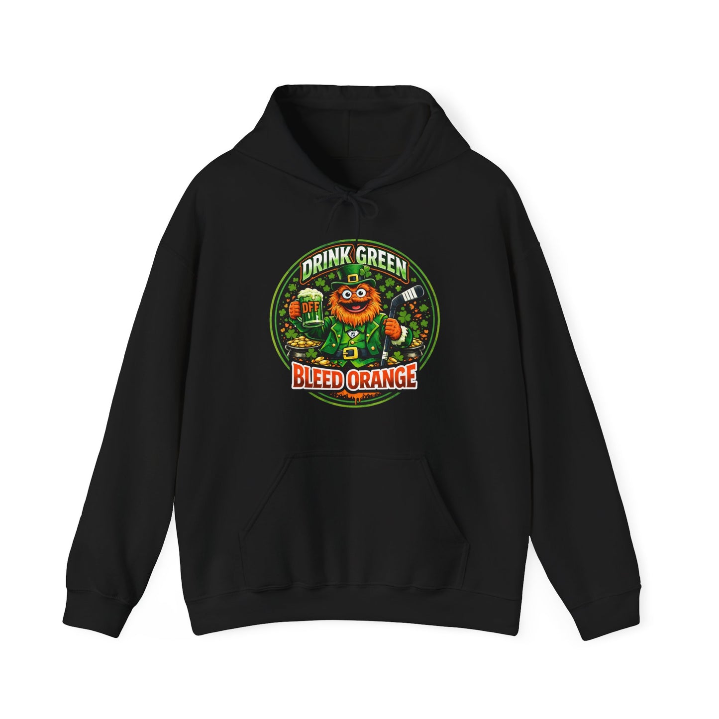 DFF Drink Green Bleed Orange Hoodie — Gritty Sports Fan St. Patrick’s Day Sweatshirt