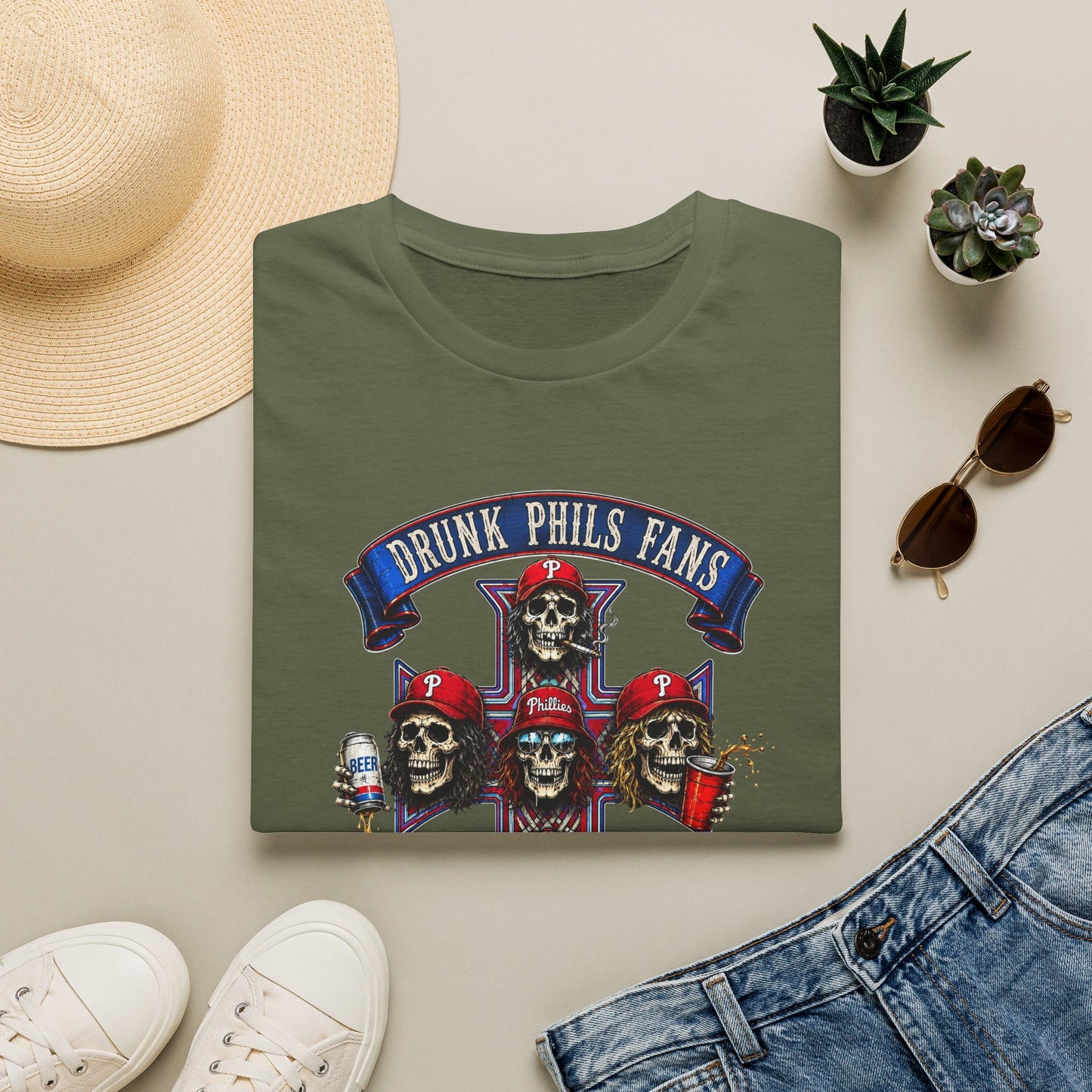 Drunk Phils Fans Skull Band T-Shirt — Retro Baseball Fan Tee