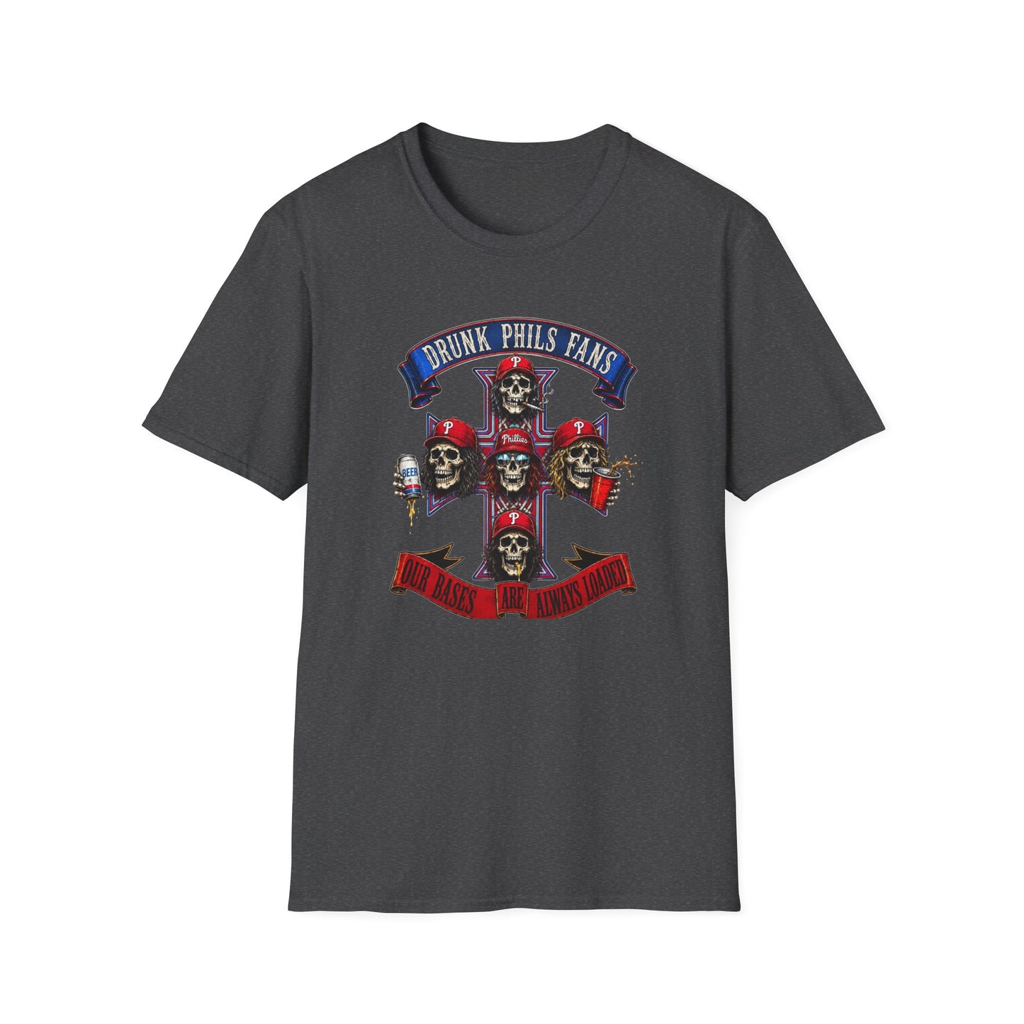 Drunk Phils Fans Skull Band T-Shirt — Retro Baseball Fan Tee
