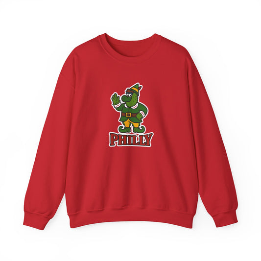 DPF Elf Crewneck Sweatshirt — Cute Green Elf Mascot "PHILLY" Holiday Pullover