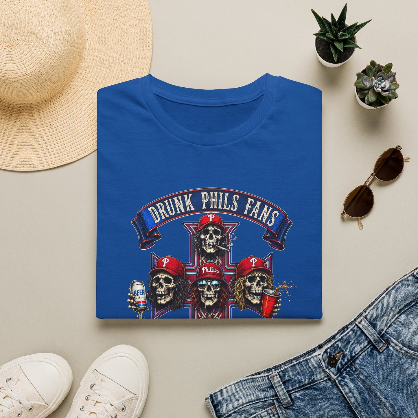 Drunk Phils Fans Skull Band T-Shirt — Retro Baseball Fan Tee