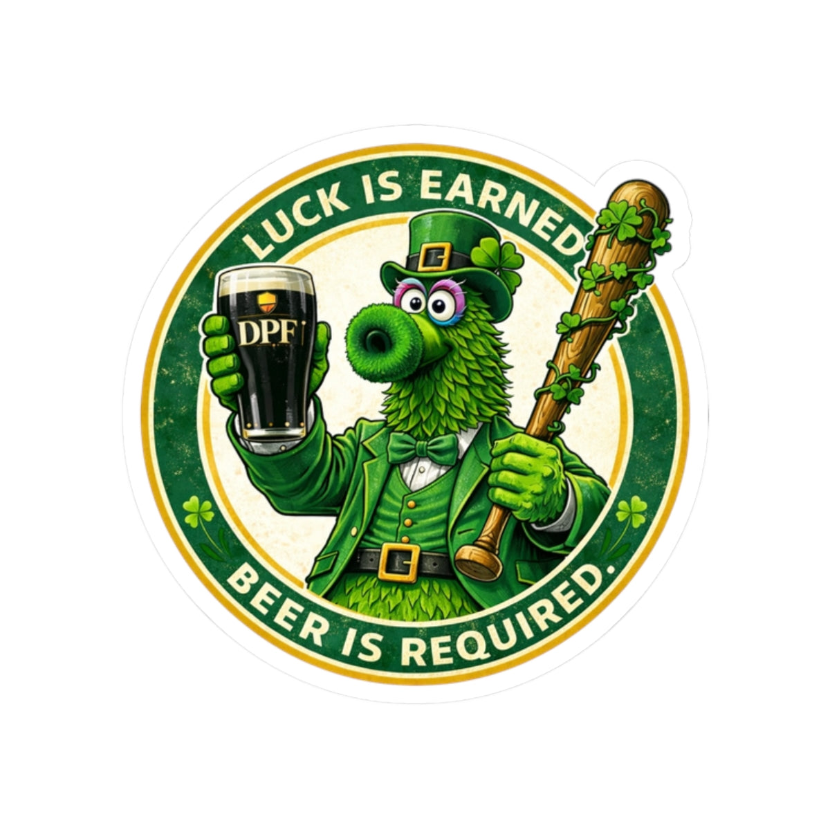 Kiss-Cut Sticker — "Luck Is Earned, Beer Is Required" Leprechaun Mascot (St. Patrick's Day, Beer Lovers)