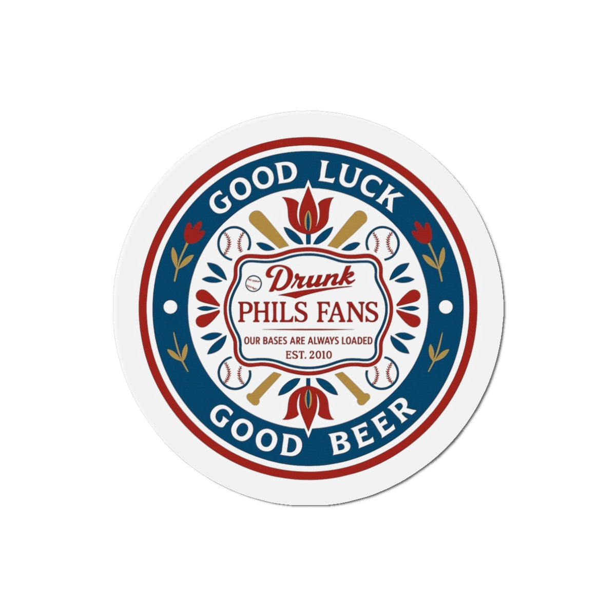 Drunk Phils Fans Hex Round Magnet — 'Good Luck Good Beer' Baseball Fan Fridge Magnet