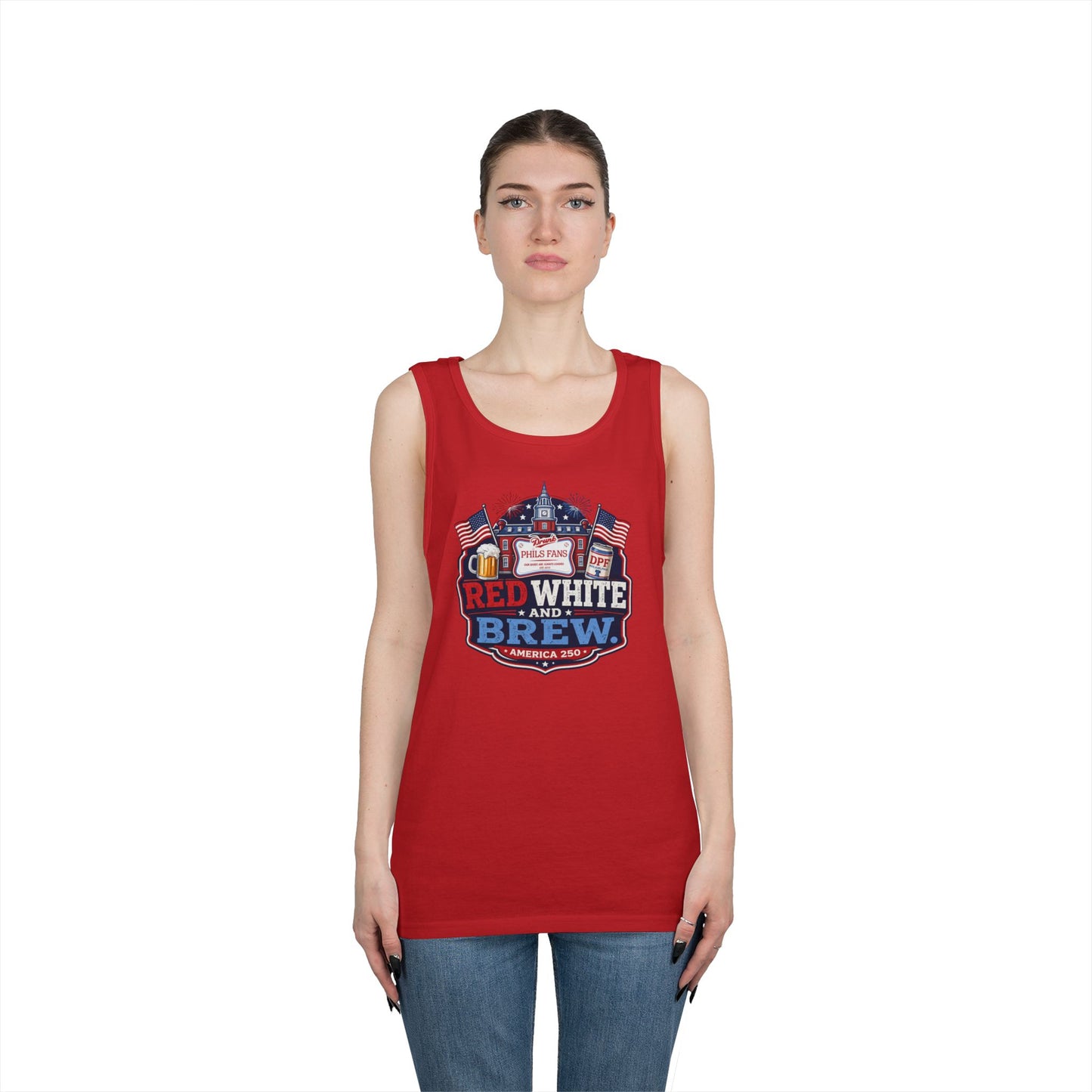 Red White and Brew Tank Top Unisex — Patriotic 4th of July Beer Graphic