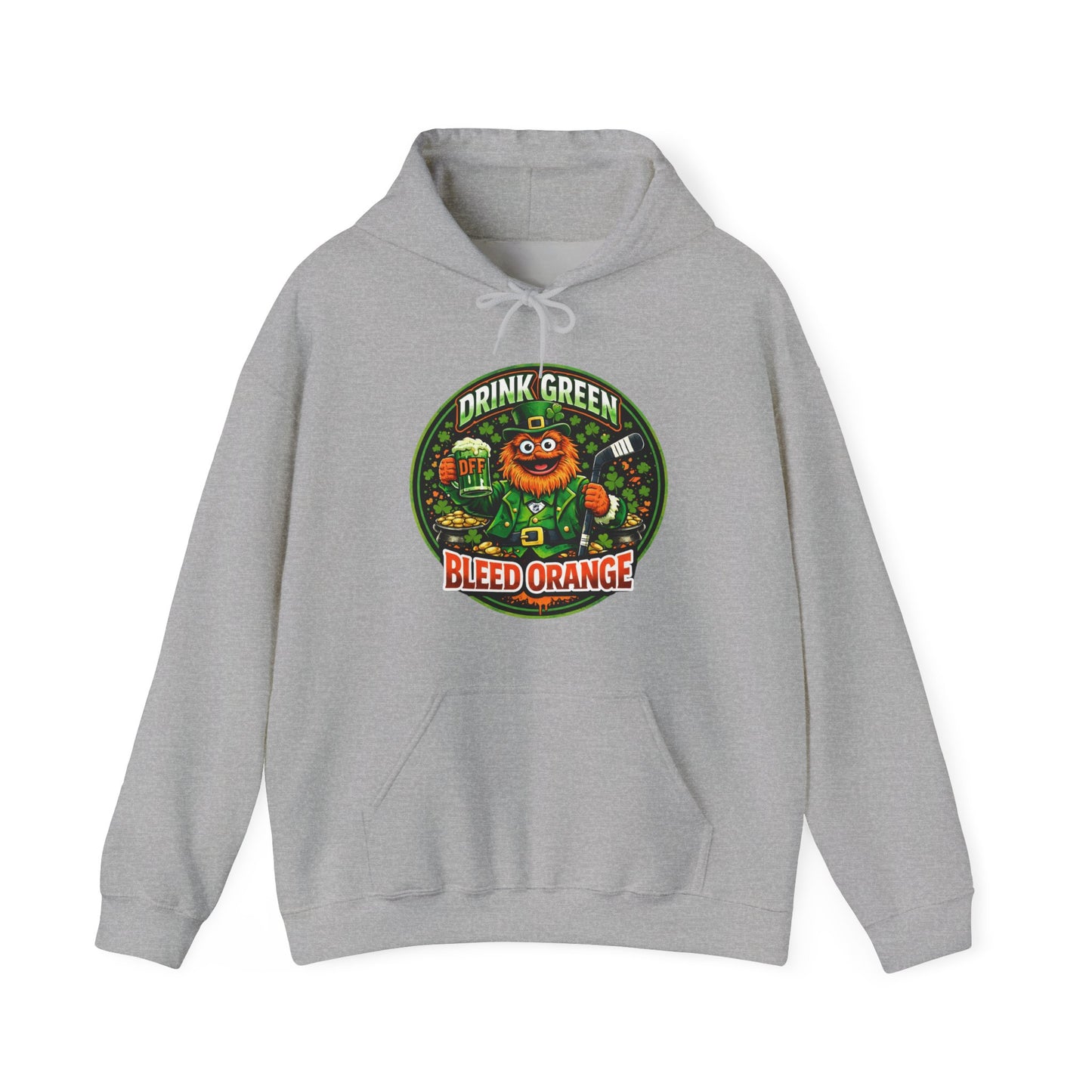 DFF Drink Green Bleed Orange Hoodie — Gritty Sports Fan St. Patrick’s Day Sweatshirt
