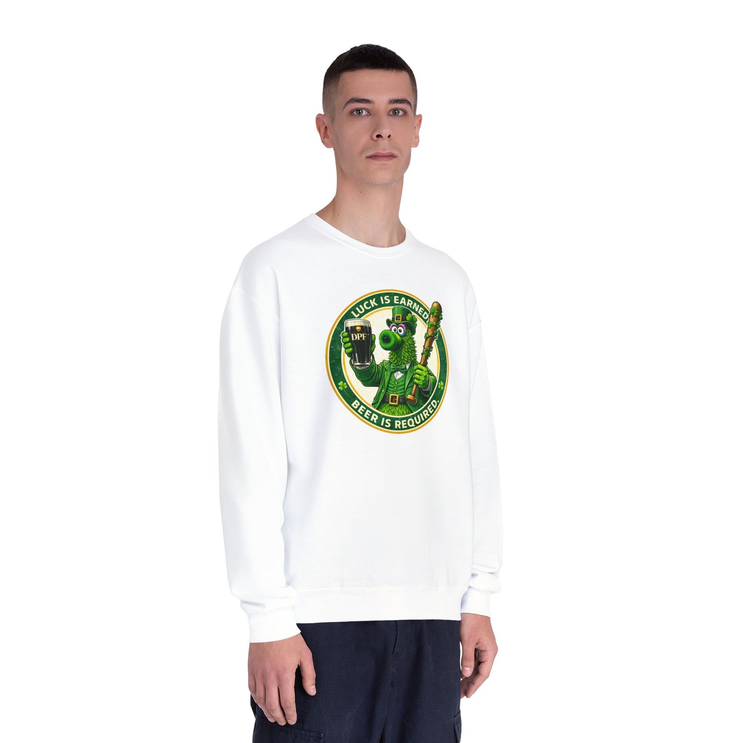 DPF St. Patrick's Day Crewneck Sweatshirt — 'Luck Is Earned, Beer Is Required'St. Patrick’s Day Graphic