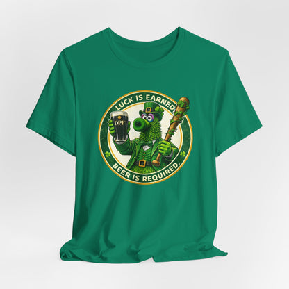 St. Patrick's Day DPF T-Shirt – "Luck Is Earned, Beer Is Required" Shamrock Leprechaun Tee