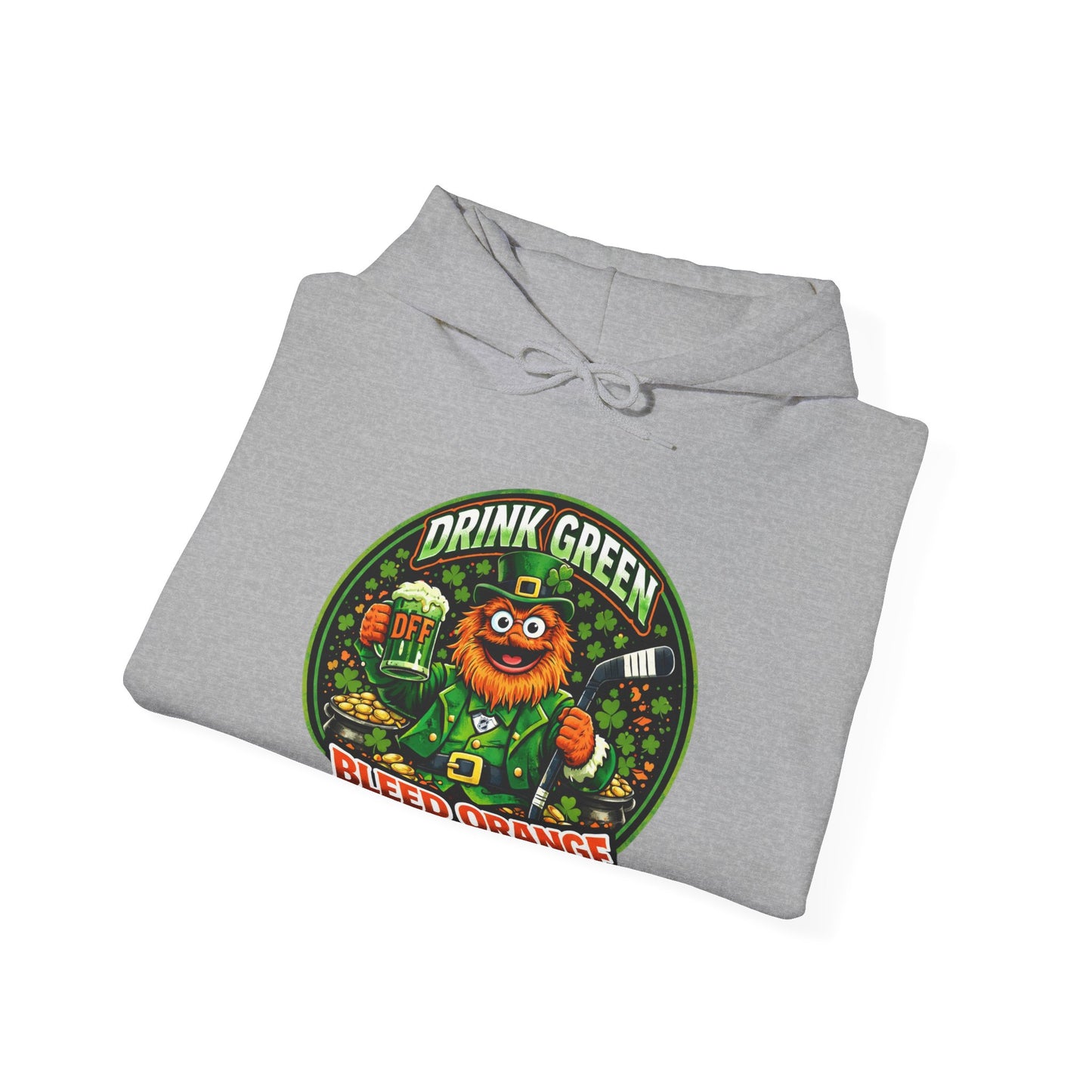 DFF Drink Green Bleed Orange Hoodie — Gritty Sports Fan St. Patrick’s Day Sweatshirt