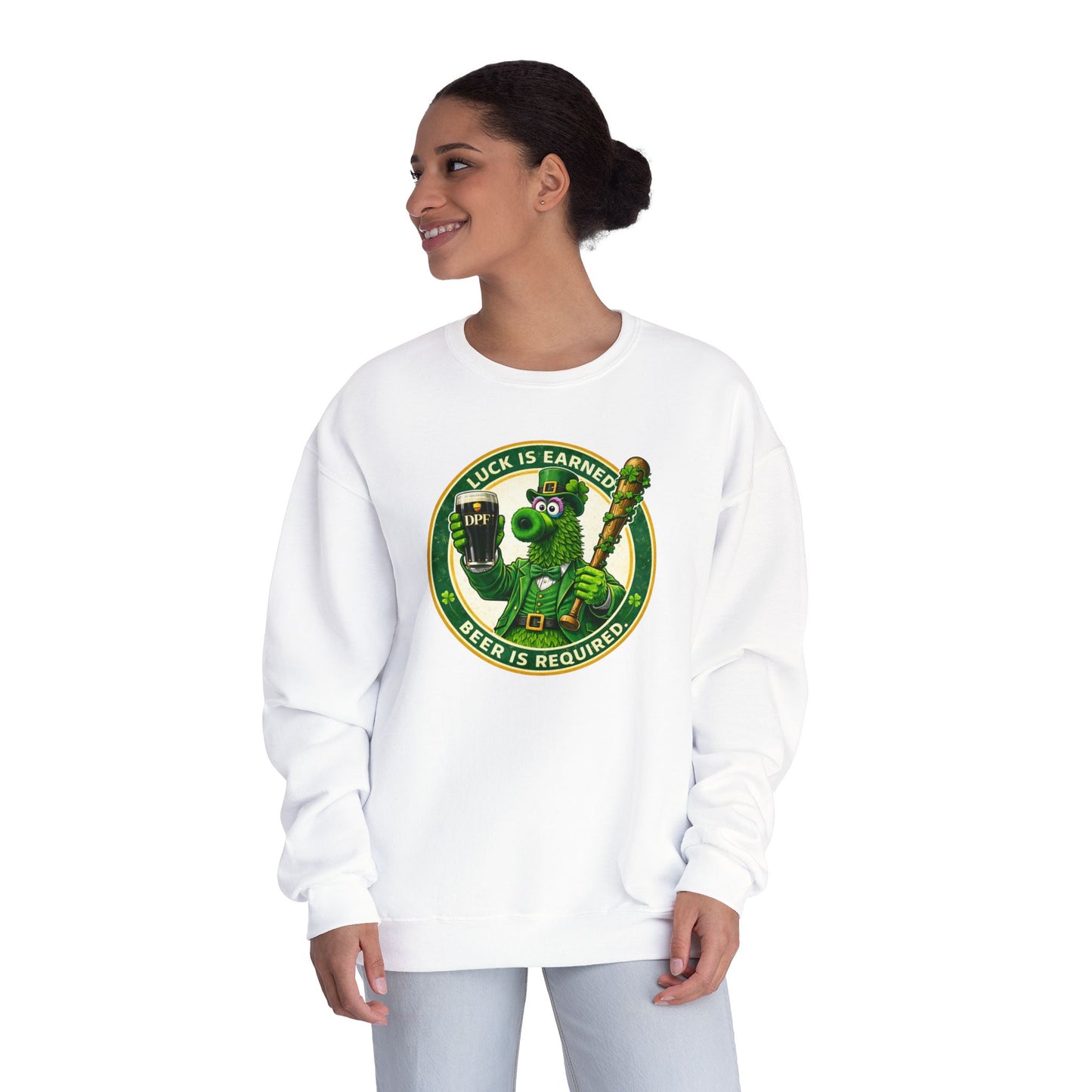 DPF St. Patrick's Day Crewneck Sweatshirt — 'Luck Is Earned, Beer Is Required'St. Patrick’s Day Graphic