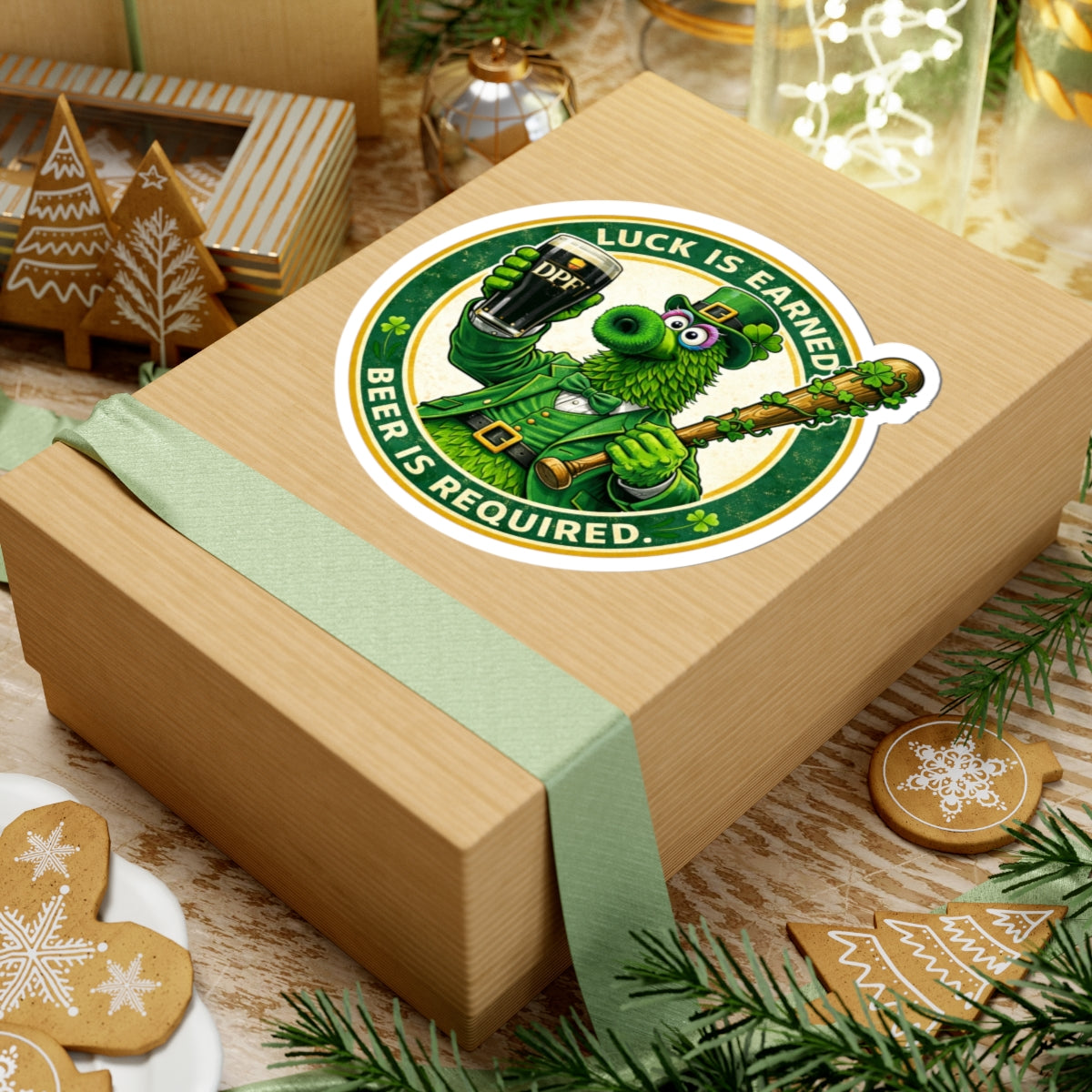 Kiss-Cut Sticker — "Luck Is Earned, Beer Is Required" Leprechaun Mascot (St. Patrick's Day, Beer Lovers)