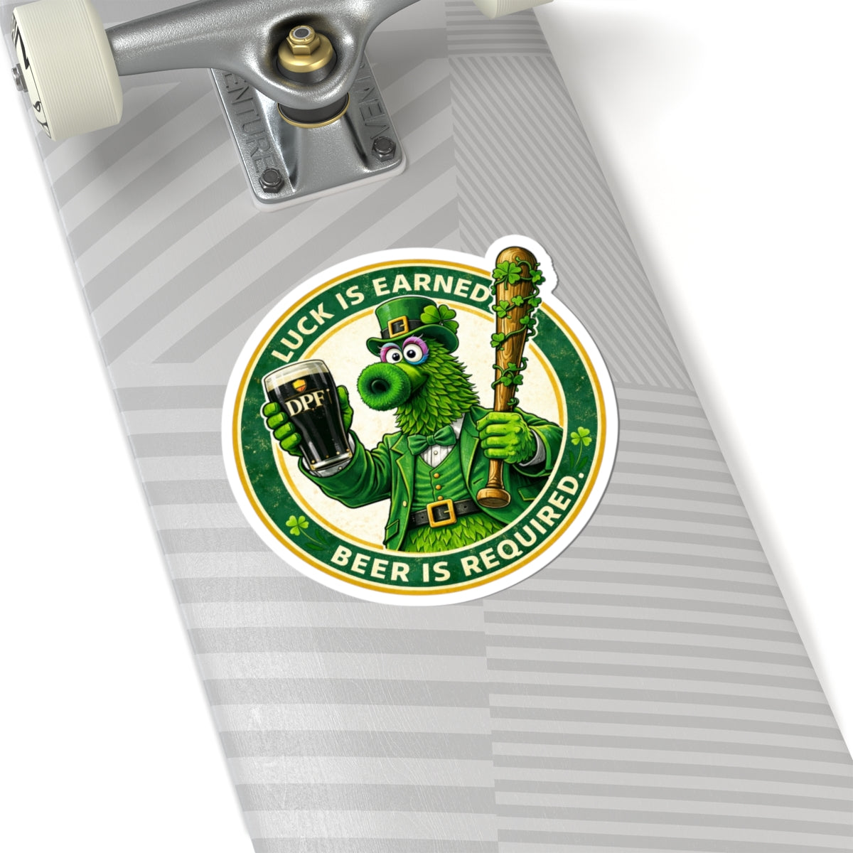 Kiss-Cut Sticker — "Luck Is Earned, Beer Is Required" Leprechaun Mascot (St. Patrick's Day, Beer Lovers)