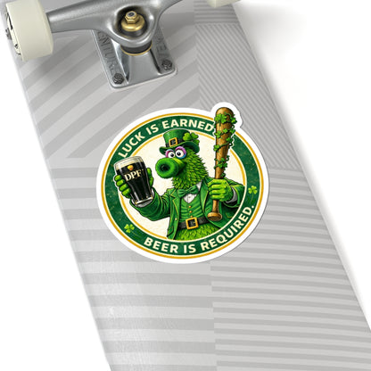 Kiss-Cut Sticker — "Luck Is Earned, Beer Is Required" Leprechaun Mascot (St. Patrick's Day, Beer Lovers)