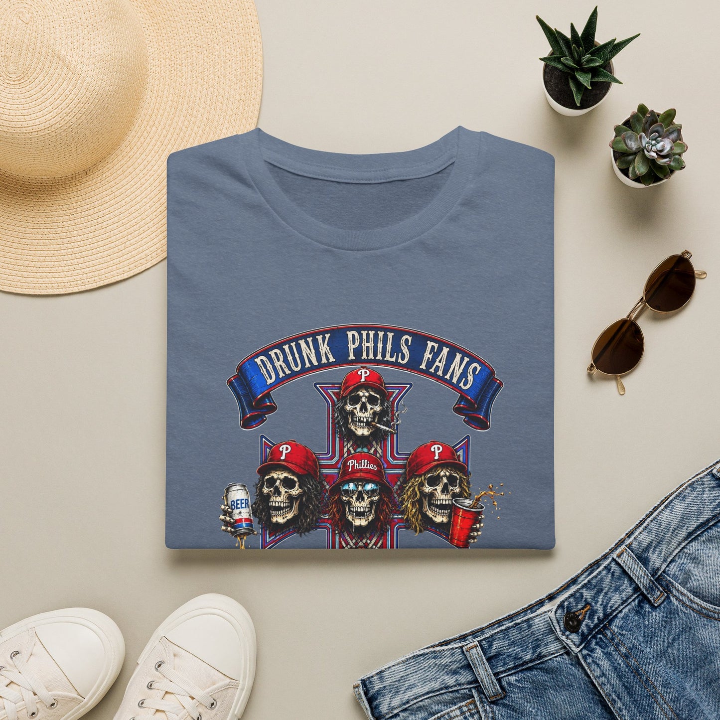 Drunk Phils Fans Skull Band T-Shirt — Retro Baseball Fan Tee