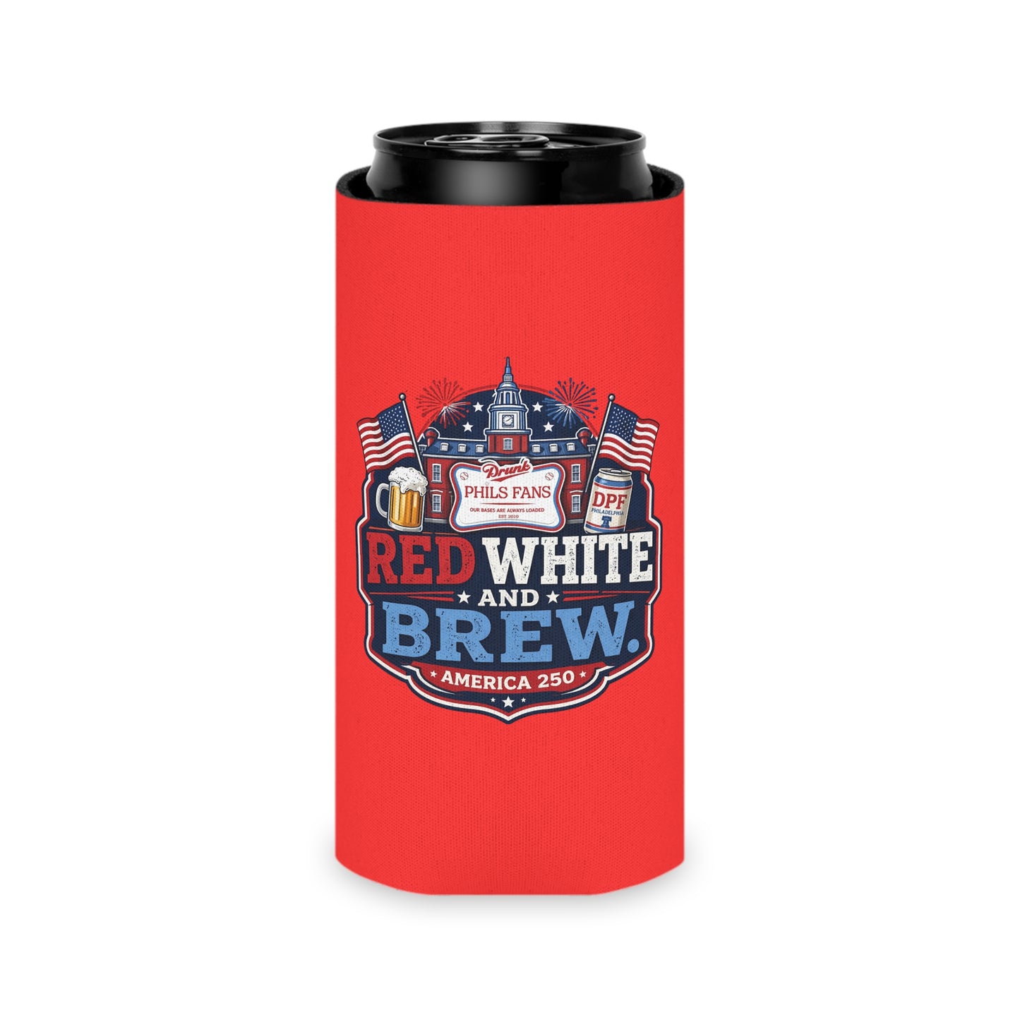 Red White and Brew Can Cooler – 4th of July Patriotic Beer Koozie