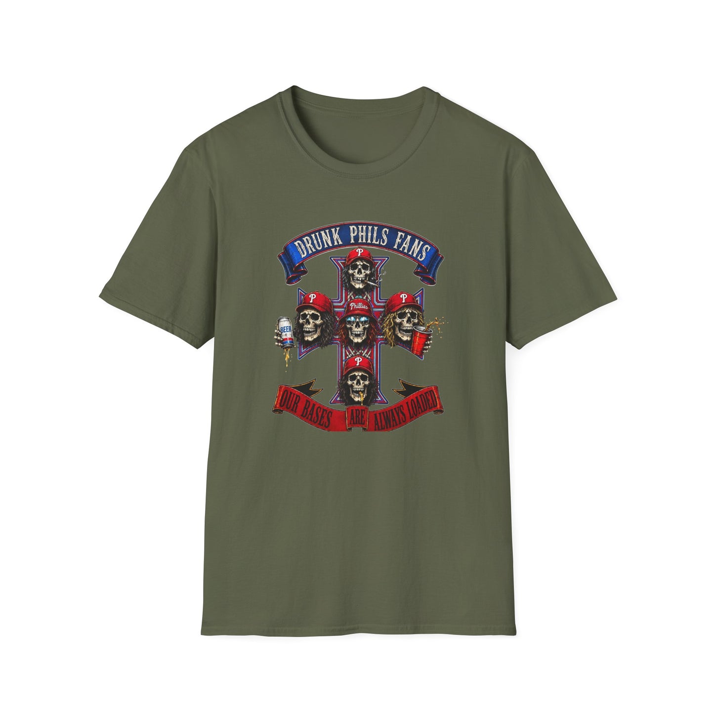 Drunk Phils Fans Skull Band T-Shirt — Retro Baseball Fan Tee