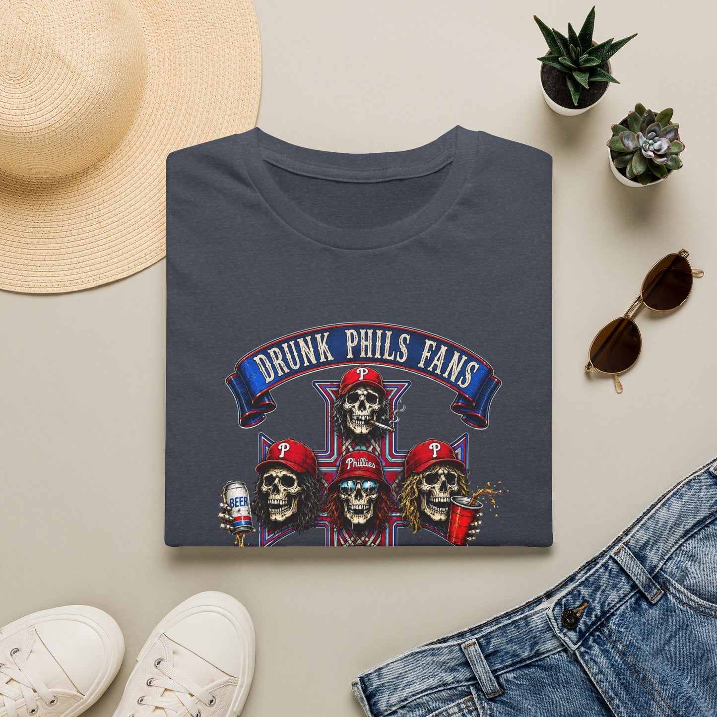 Drunk Phils Fans Skull Band T-Shirt — Retro Baseball Fan Tee
