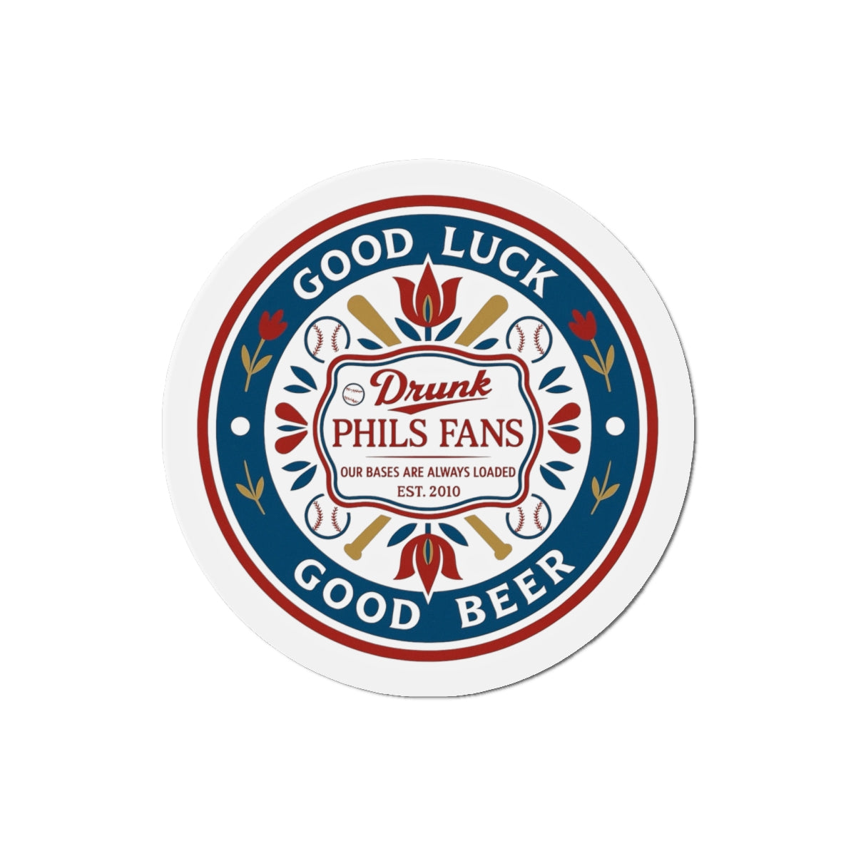 Drunk Phils Fans Hex Round Magnet — 'Good Luck Good Beer' Baseball Fan Fridge Magnet