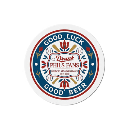 Drunk Phils Fans Hex Round Magnet — 'Good Luck Good Beer' Baseball Fan Fridge Magnet